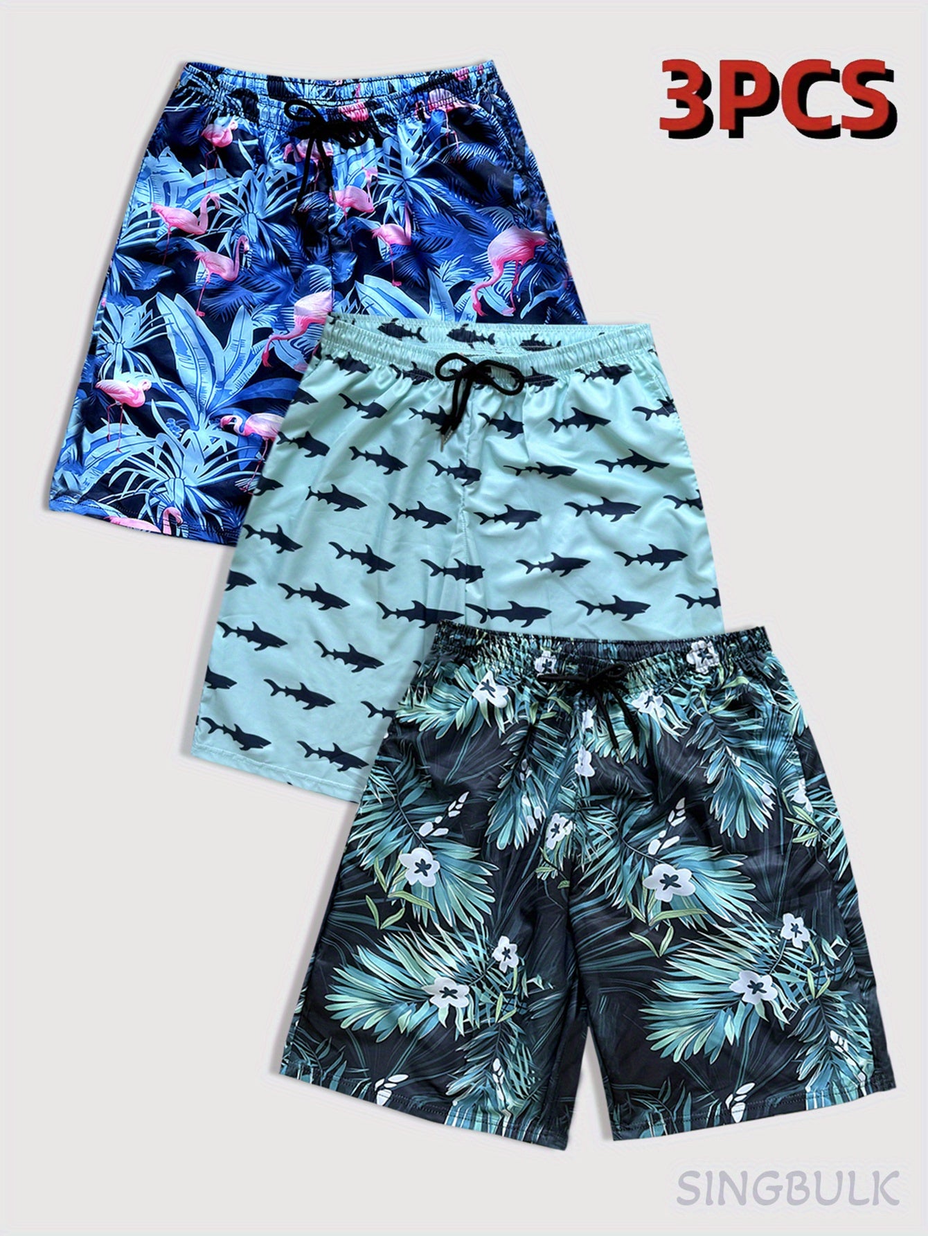 3pcs Men's Tropical Print Swim Shorts - Hawaiian Beachwear with Vibrant Floral & Shark Patterns, Quick-Dry Lightweight Fabric, Drawstring Waist for Summer Vacation & Casual Outings, Summer Casual Wear | Vibrant Beachwear | Adjustable Comfort