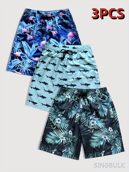 3pcs Men's Tropical Print Swim Shorts - Hawaiian Beachwear with Vibrant Floral & Shark Patterns, Quick-Dry Lightweight Fabric, Drawstring Waist for Summer Vacation & Casual Outings, Summer Casual Wear | Vibrant Beachwear | Adjustable Comfort