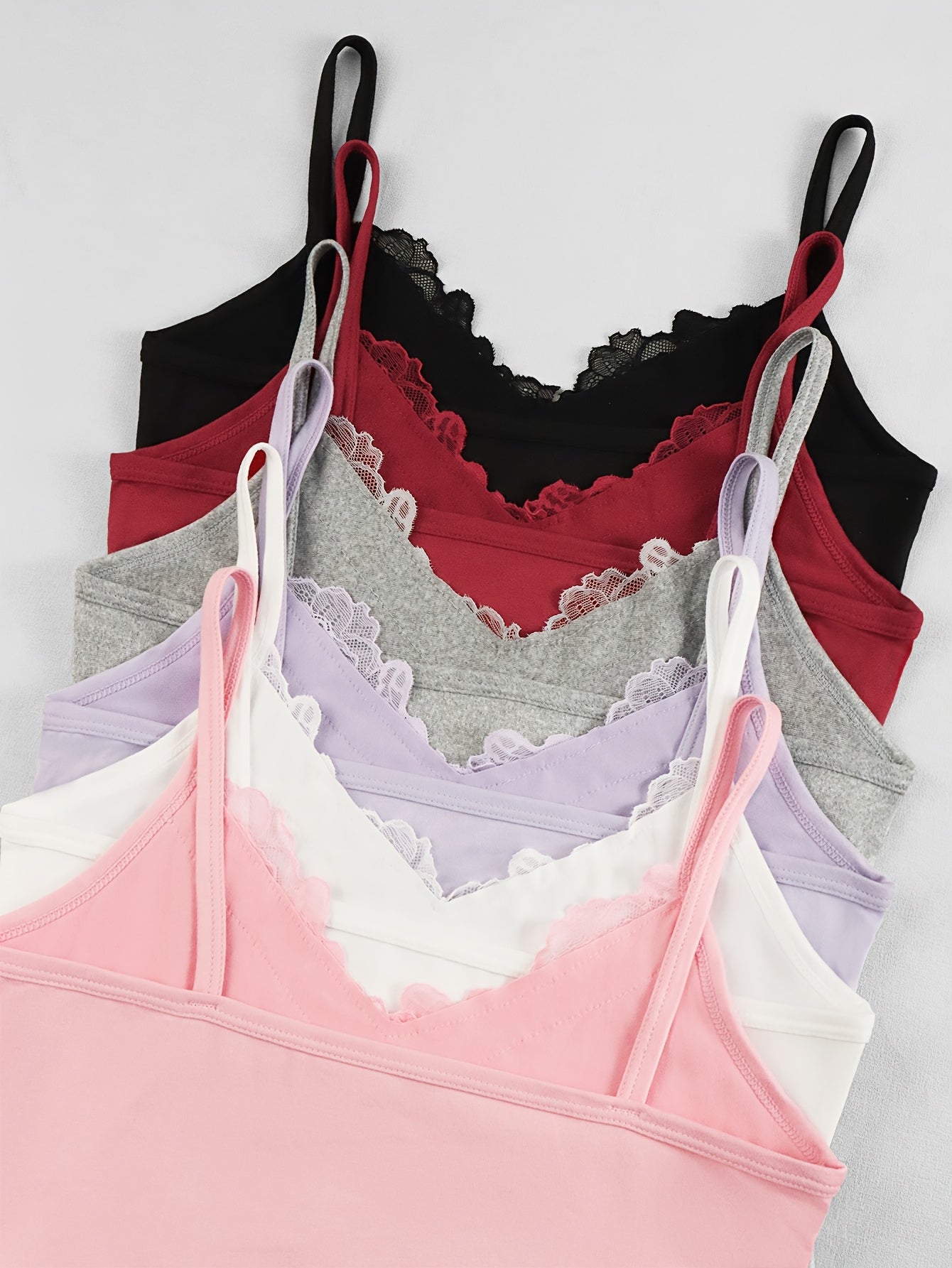 6-Item Collection: Elegant And Alluring Solid Color Lace Camisole for All Seasons, Fitted Underwear Base Layer Garment