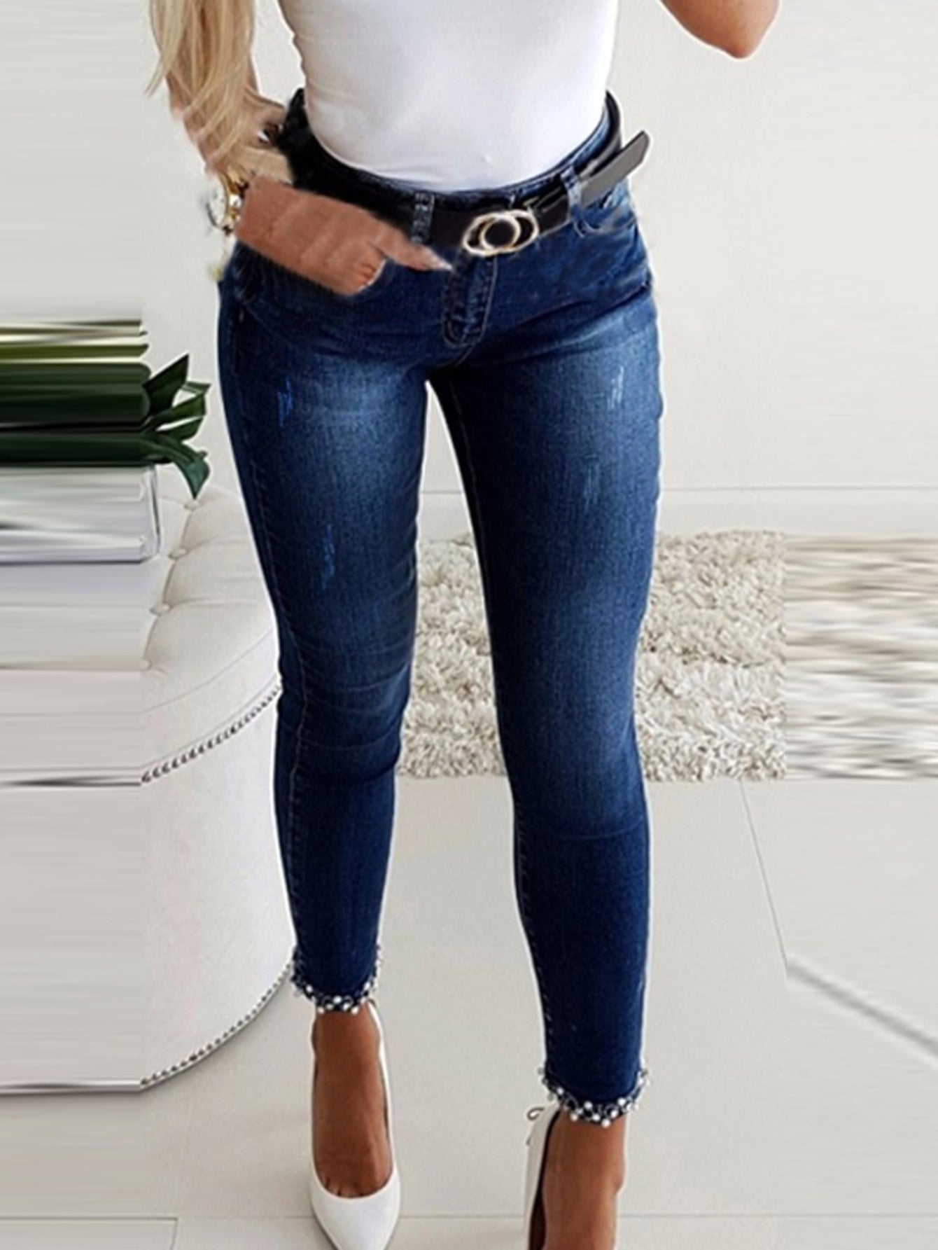 Women's Skinny Jeans - Non-See-Through Stretch Pants with Fit, Bead Accents for Formal & Everyday Outfits - Machine Washable Skinny Leg Pants, Stylish Workwear, Comfortable Fit Jeans