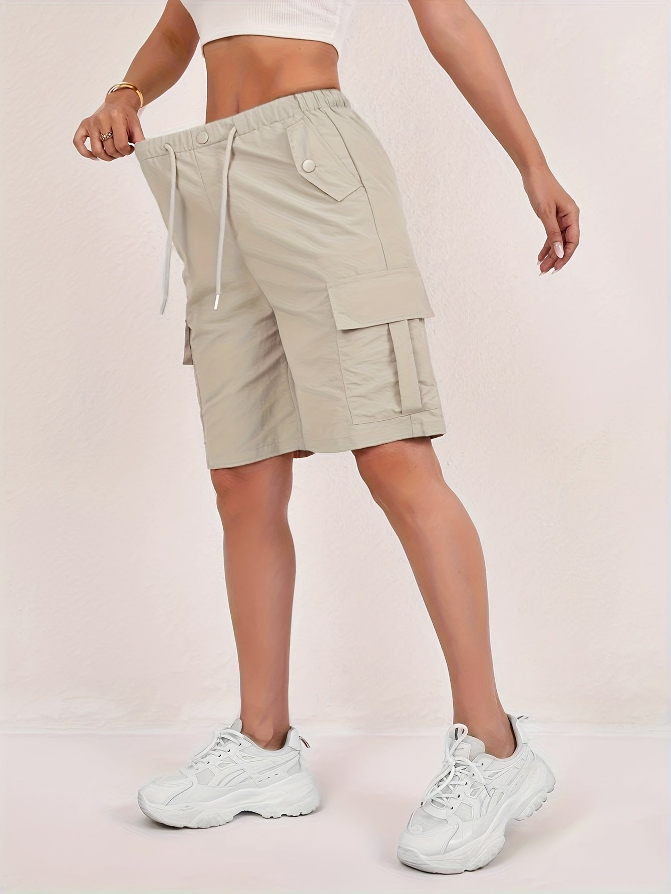 [Quick-Dry Cargo Shorts] 2pcs Women's Lightweight Quick-Dry Cargo Shorts - Loose Fit, Multi-Pocket Design, Mid-Thigh Length, Casual Wear For Spring/Summer/Fall, Machine Washable, Beige, Outdoor | Relaxed Fit Shorts | Shorts