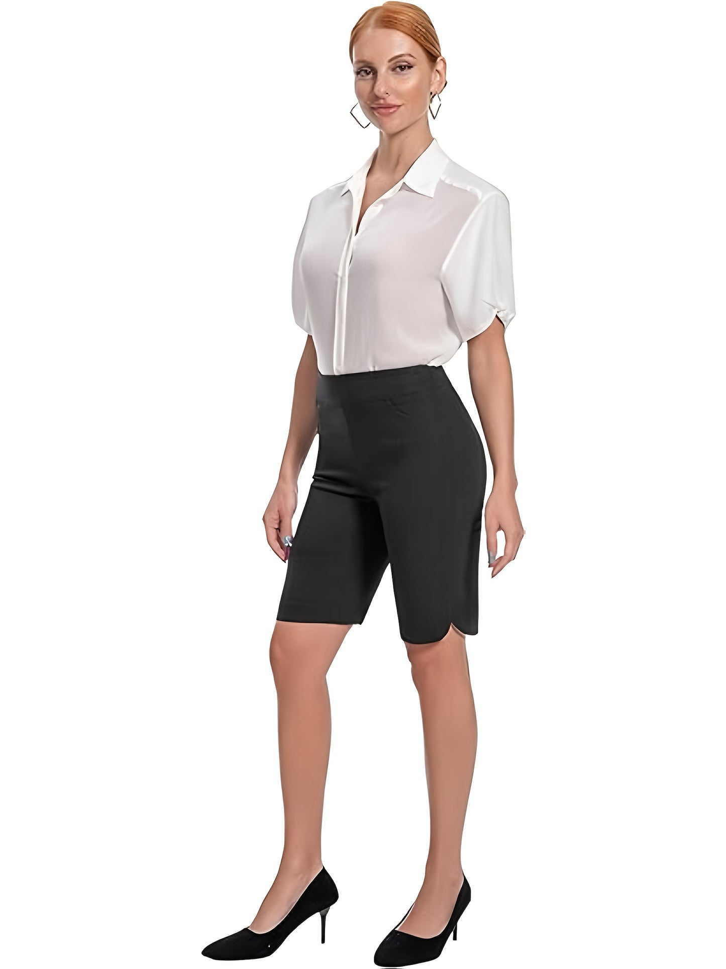 High-Waisted Work Shorts for Women with a Tulip Hem, Featuring Pockets And a Stretchy Fit, Perfect for Casual And Elegant Summer Wear