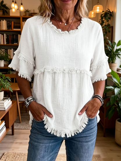 Women'S Round Neck Short Sleeve Casual Blouse with Fringed Trim