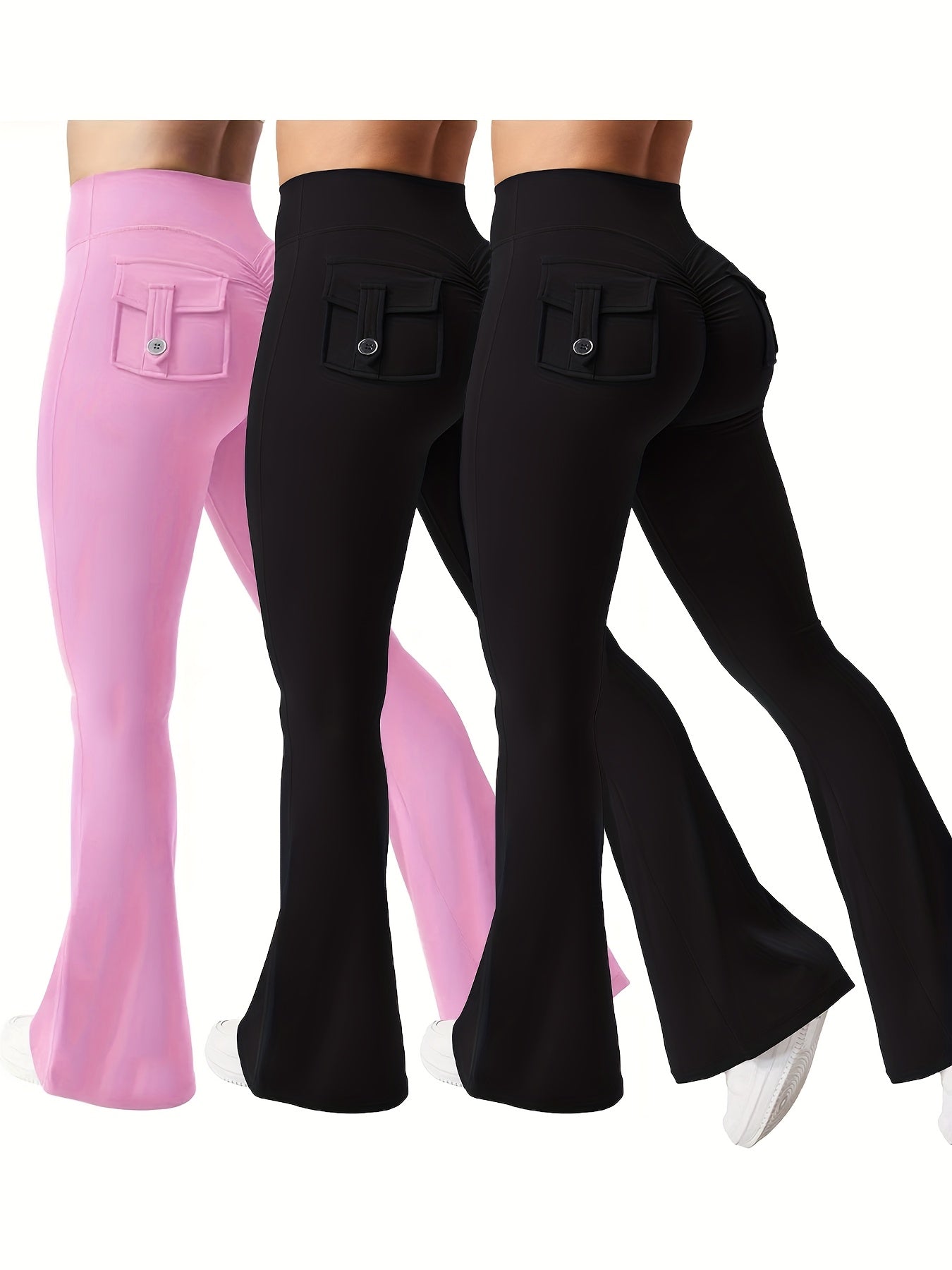 Christmas Apparel, Halloween 3pcs Set in Black, Gray, and Green: Fashionable Workwear-Style Flared Pants, Women's Casual Flared Pants, High-Waist Pocket Joggers, Workwear-Style Peach Butt Pants, Quick-Dry Sports Tummy Control Butt-Lifting Flared