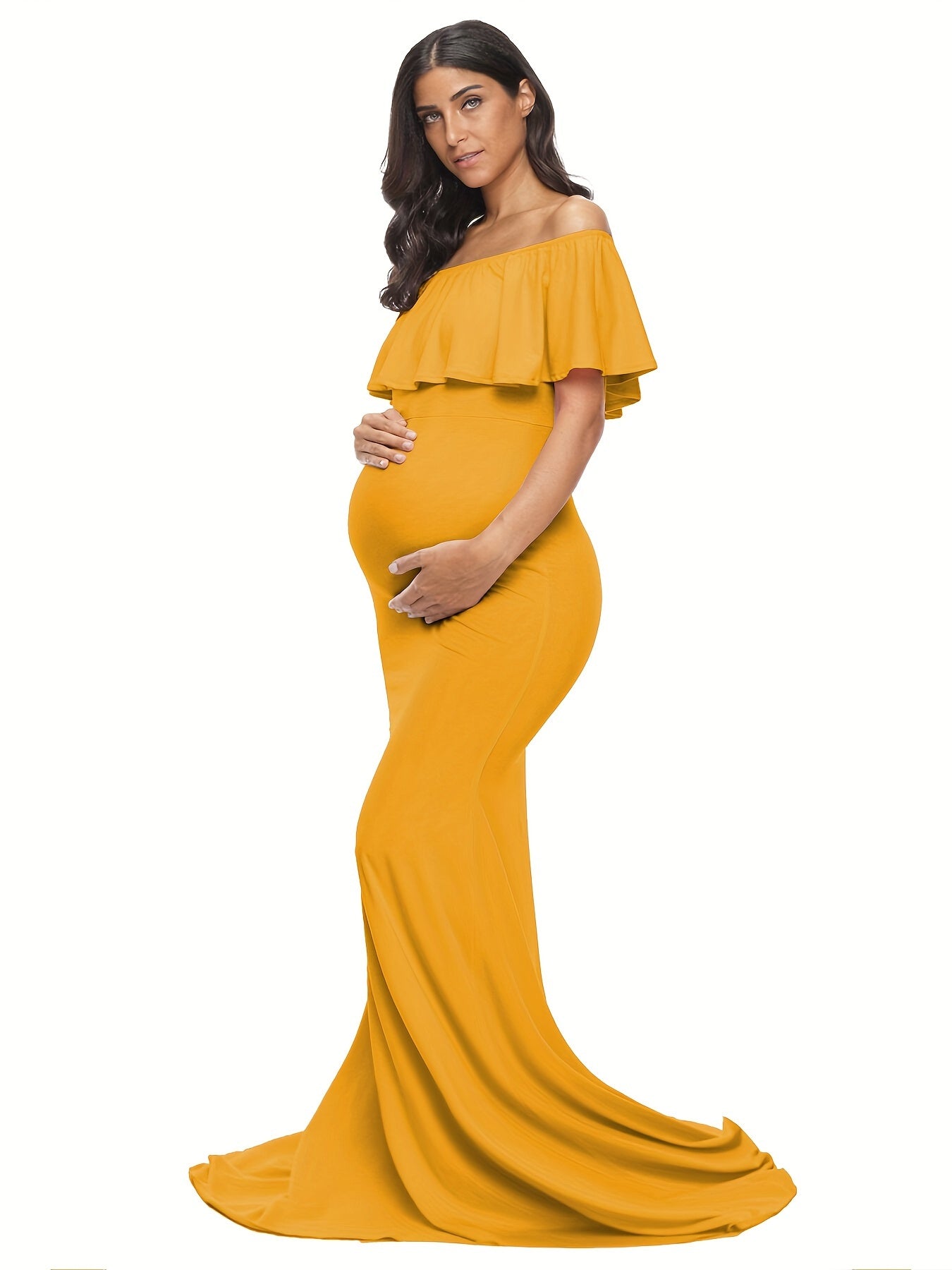 Womens Off Shoulder Maternity Dress Ruffles Elegant Slim Gowns Fit Maxi Photography Dress