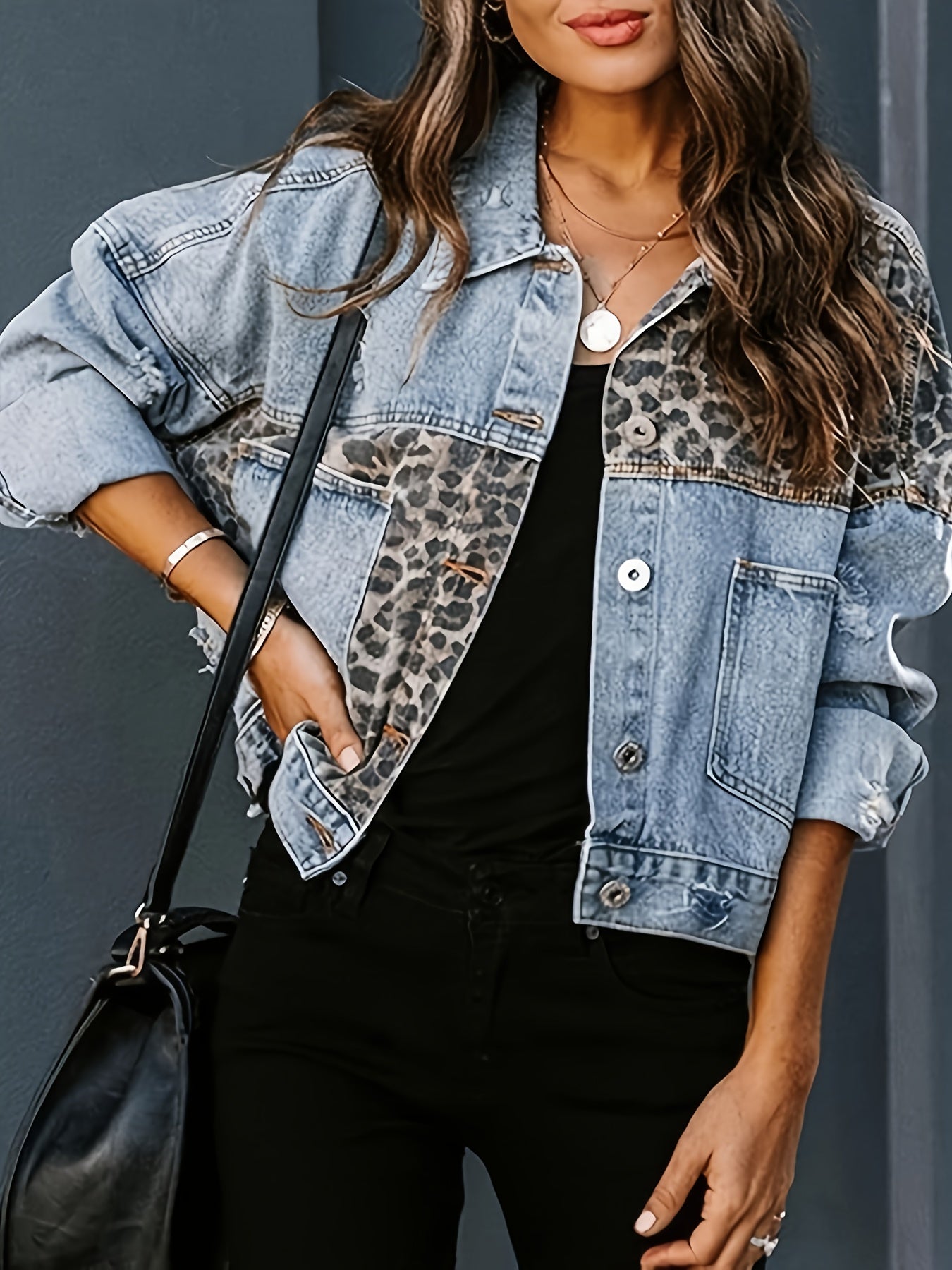 [Leopard Denim Jacket] Women's Button Distressed Leopard Denim Jean Jacket Washed Long Sleeve Ripped Cheetah Jean Coat