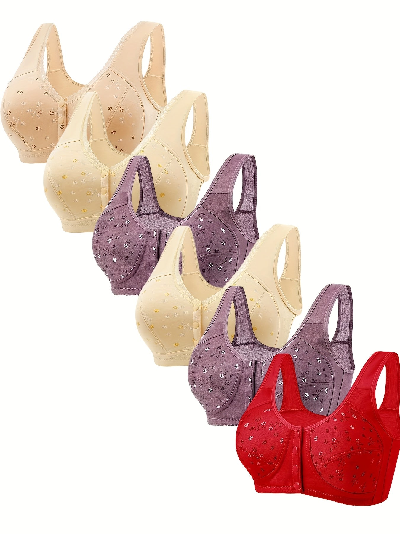 (L-6XL) 6pcs Plus Size Women'S Front Closure Bras - No Underwire Push Up! Wide Strap Comfort Bralette, Full Coverage & Sexy Floral Print