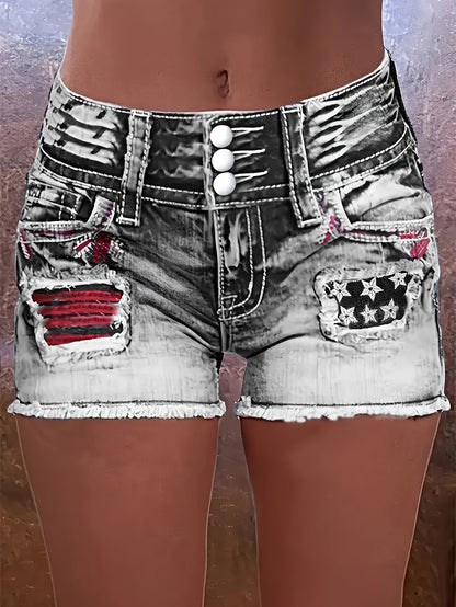 Women's High-Elasticity Embroidered Distressed Denim Shorts - Casual Stretch Fit with Raw Hem, Star Pattern & Patchwork Details, Machine Washable Spring/Summer Shorts, Summer Casualwear, Highelasticity Fabric, Embroidered Details