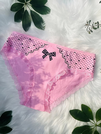 12pcs Elegant Contrast Lace Briefs | Plus Size with Bow and Heart Print, Comfortable & Breathable Stretchy Women'S Lingerie & Underwear