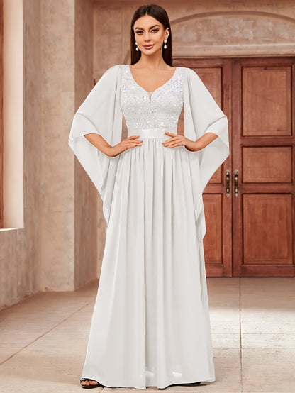 53303 Elegant Women's Lace & Sequin Bridesmaid Dress - A-Line Maxi Wedding Gown with 3/4 Bell Sleeves, V-Neck Color-Block (Bodice &), Machine Washable Bridesmaids Gown for Weddings, Parties, Prom
