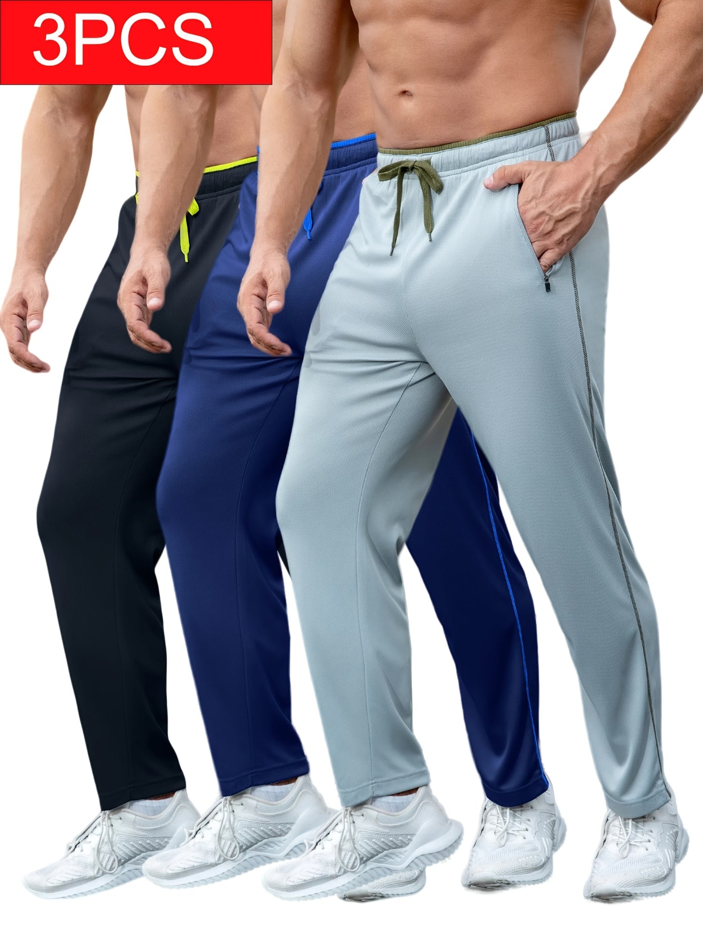 3Pack Men'S Lightweight Sweatpants With Pockets Open Bottom Athletic Pants For Workout, Jogging, Gym, Running, Training