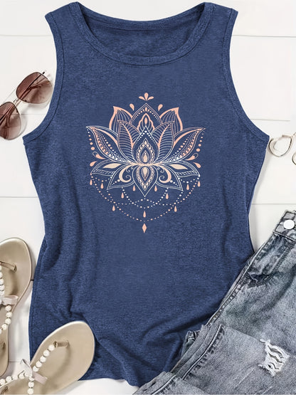Plus Size Women'S Casual Pattern Vest Lotus Mandala Design Pattern Print Printed, Loose And Versatile, Machine Washable Tank Top, Seasonal Fashion Style, Non-See-Through Material