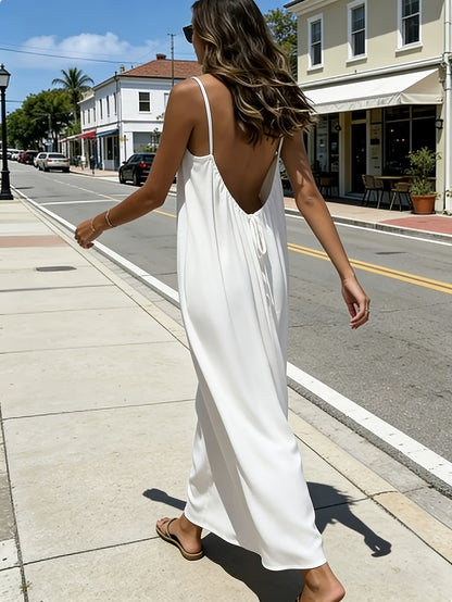 Women'S Solid Color Open Back Tie Loose Casual Maxi Slip Dress