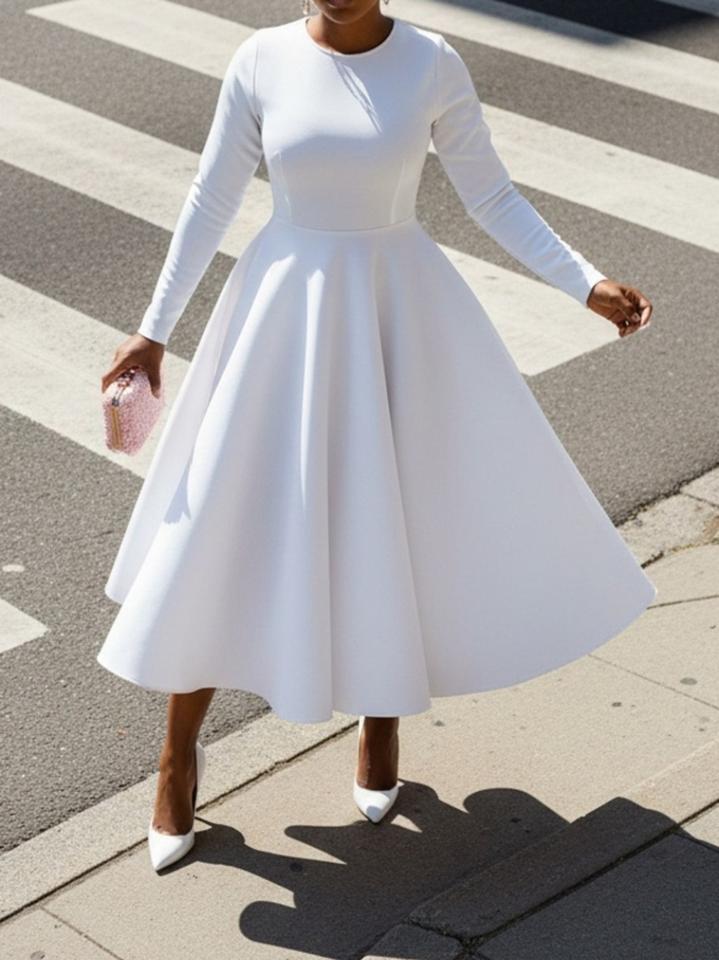 Plus Size - Plus Size Women'S Solid Color Round Neck Long Sleeve Back Pleated Flared Dress Autumn And Winter Elegant Long Dress