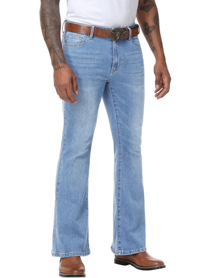 Men's Vintage 70s Retro Bell Bottom Jeans - Wide- Flare Pants with Mid-Stretch Blend, Beltless Suitable for Disco Parties, Night Out & Casual Attire, Machine Washable Mid-Rise Bottoms