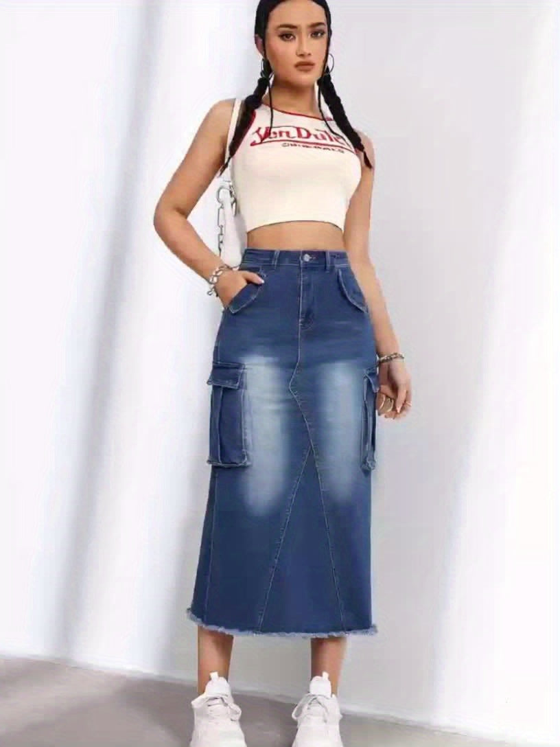 Women's Mid-Rise Stretch Denim Skirt with Baggy Hem & Frayed Edge Detail - Casual Workwear Style Mid-Length Skirt for Spring Summer Fall, Machine Washable, Jean Skirt