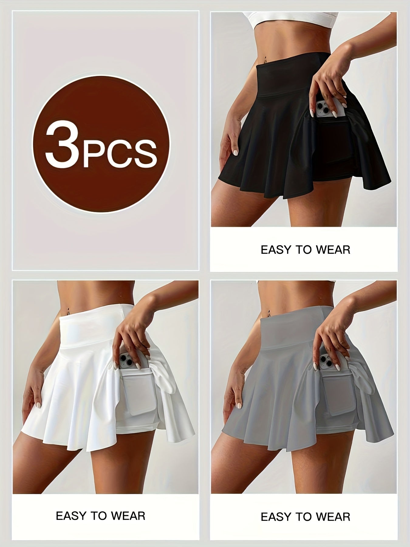 3pcs Women's Athletic Pleated Skirts with Pockets- High Waist, Stretchy Polyester Tennis& Yoga Skort, Machine Washable, Black/White/Gray, Side Tie Detail, Comfort Fit for Lifestyle, Tennis Skirt