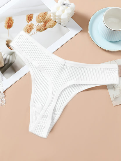 8pcs Solid Ribbed Label Patched Thongs, Sexy Comfy Breathable Stretchy Intimates Panties, Women'S Lingerie & Underwear