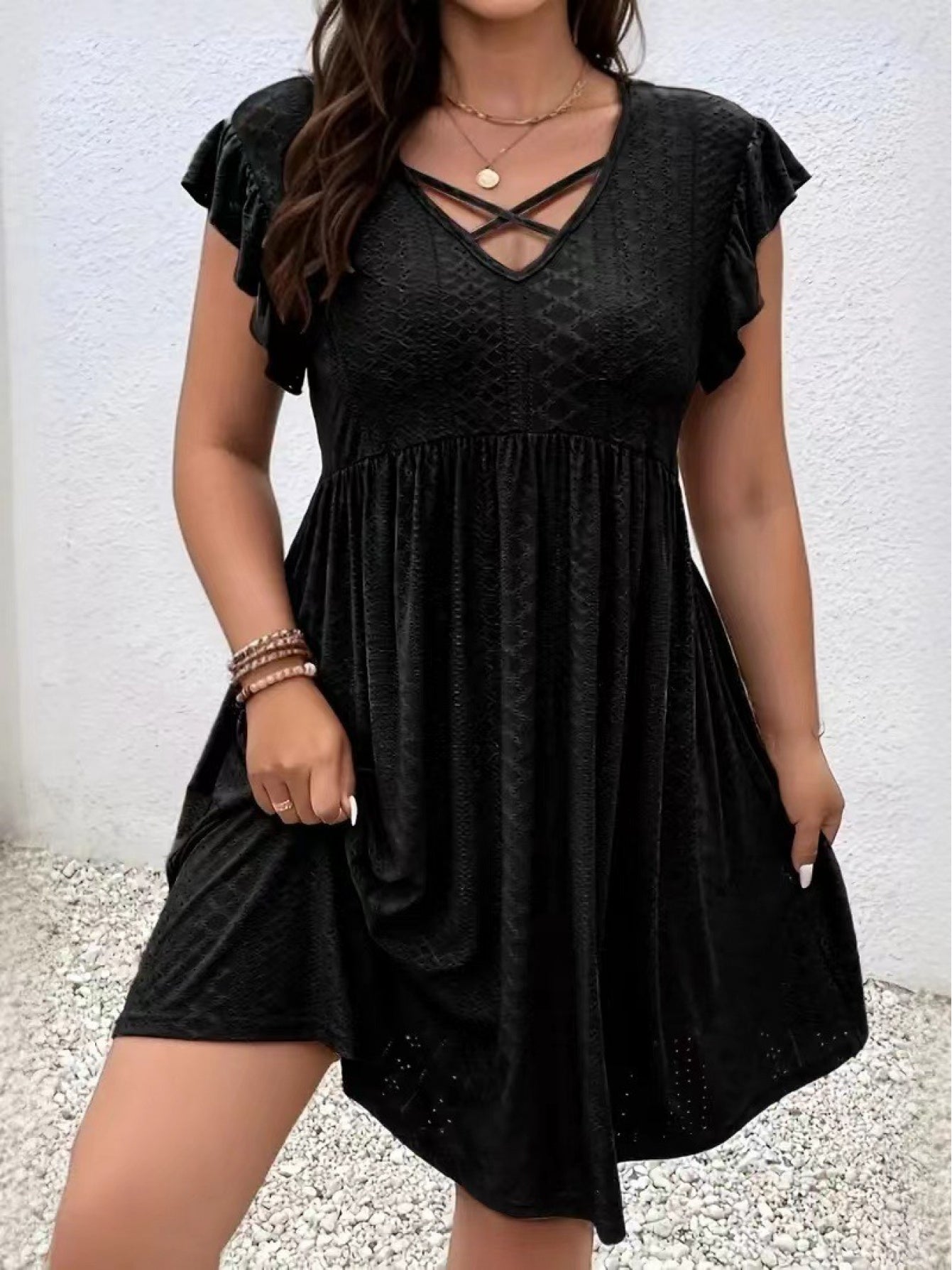 Plus Size - Summer Plus-Size Women'S Hollow-Out Embroidered Dress - Cross V-Neck with Ruffled Short Sleeves And a Flared Skirt, Made of Lightweight Breathable Fabric, Available in Sizes L-5XL, Suitable for Beach Or Casual Wear