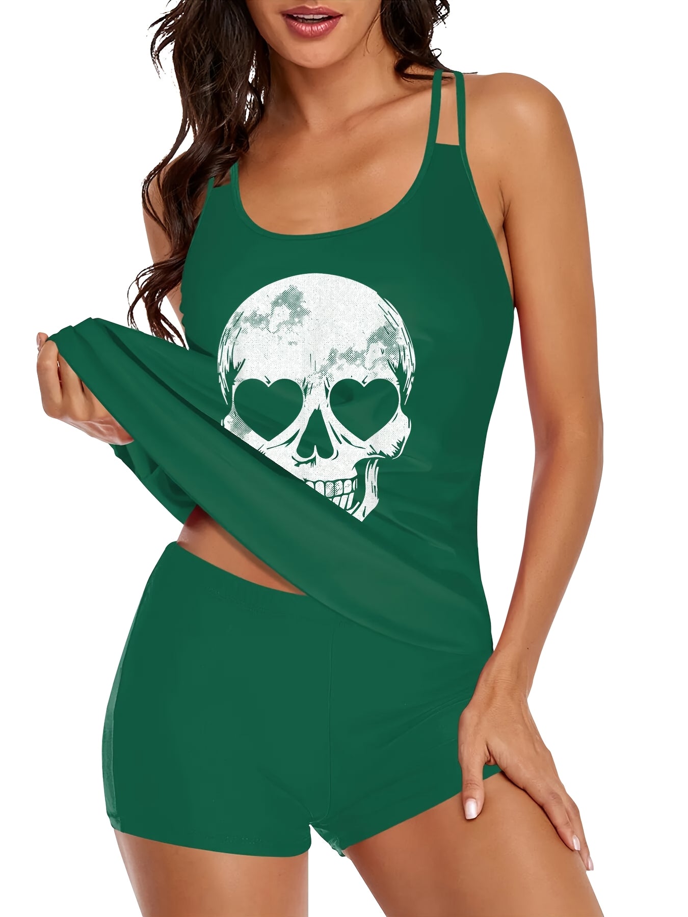 Adorable Skeleton-Themed Two-Piece Swimsuit for Women, Featuring a Stylish Black Design with a Conservative Double Shoulder Tankini Style, Perfect for a Laid-Back Halloween Look