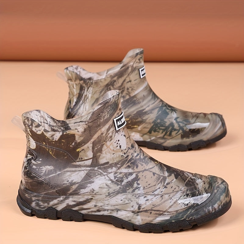 Men's Camouflage Rain Boots- Thick Sole, Slip-On Outdoor Fishing Shoes with "ALPHA" Branding, All-Season Comfort for Hiking& Casual Wear, Hiking Boots, Durable Footwear