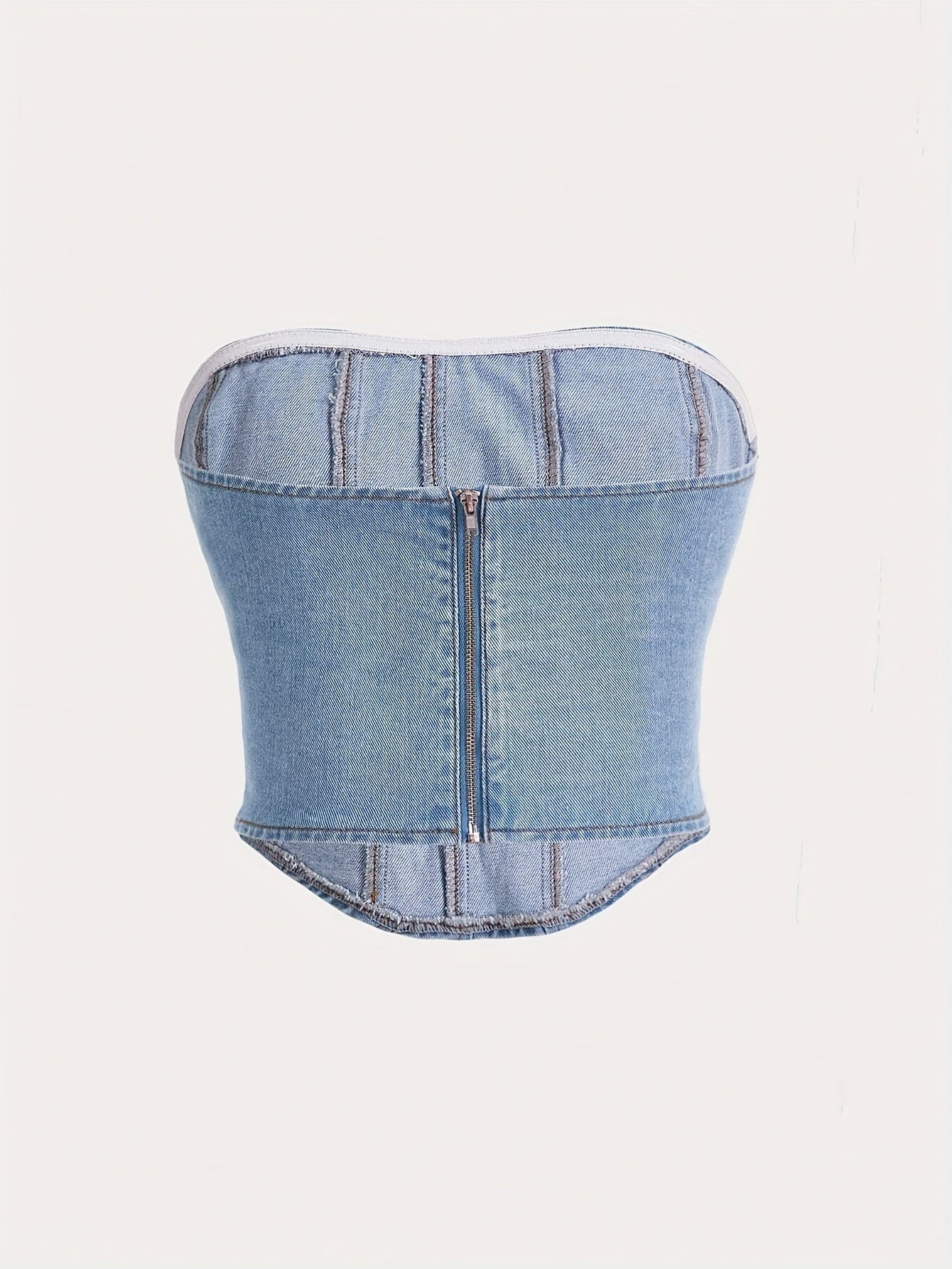 Women's High-Stretch Denim Bustier Top with Zipper-Front Closure - Slim Fit Solid Color (No transparency) | Machine Washable Non-See-Through Fabric | Spring Summer Fall Blouse for Casual & Dressy Wear | Elegant Stretch Denim Jacket