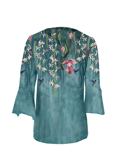 Women'S Floral Print V-Neck Blouse - Light Blue Long Sleeve Casual Top with Vibrant Bird & Flower Design, Soft Polyester for Spring/Summer/Fall, Floral Print Blouse