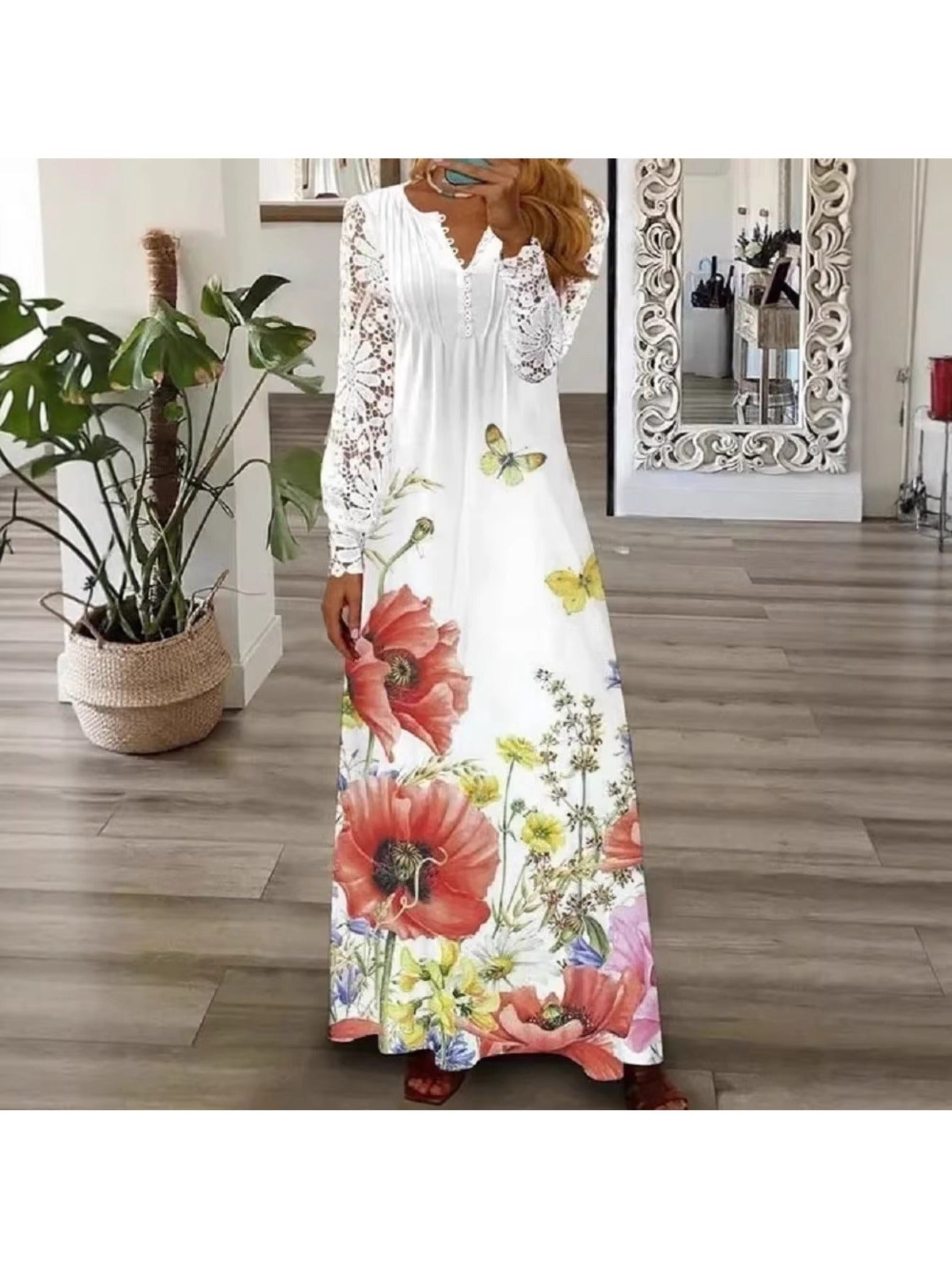 Red Rose Lace V-Neck High-Waist Dress - product view 2