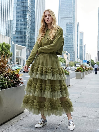 Women'S Tulle Tutu Skirt High-Low Flowy A-Line Ballet Skirt With Elastic Waist, Layered Mesh Fluffy Long Skirt For Beach Party Streetwear Wedding Cake Winter Fashion Outfits