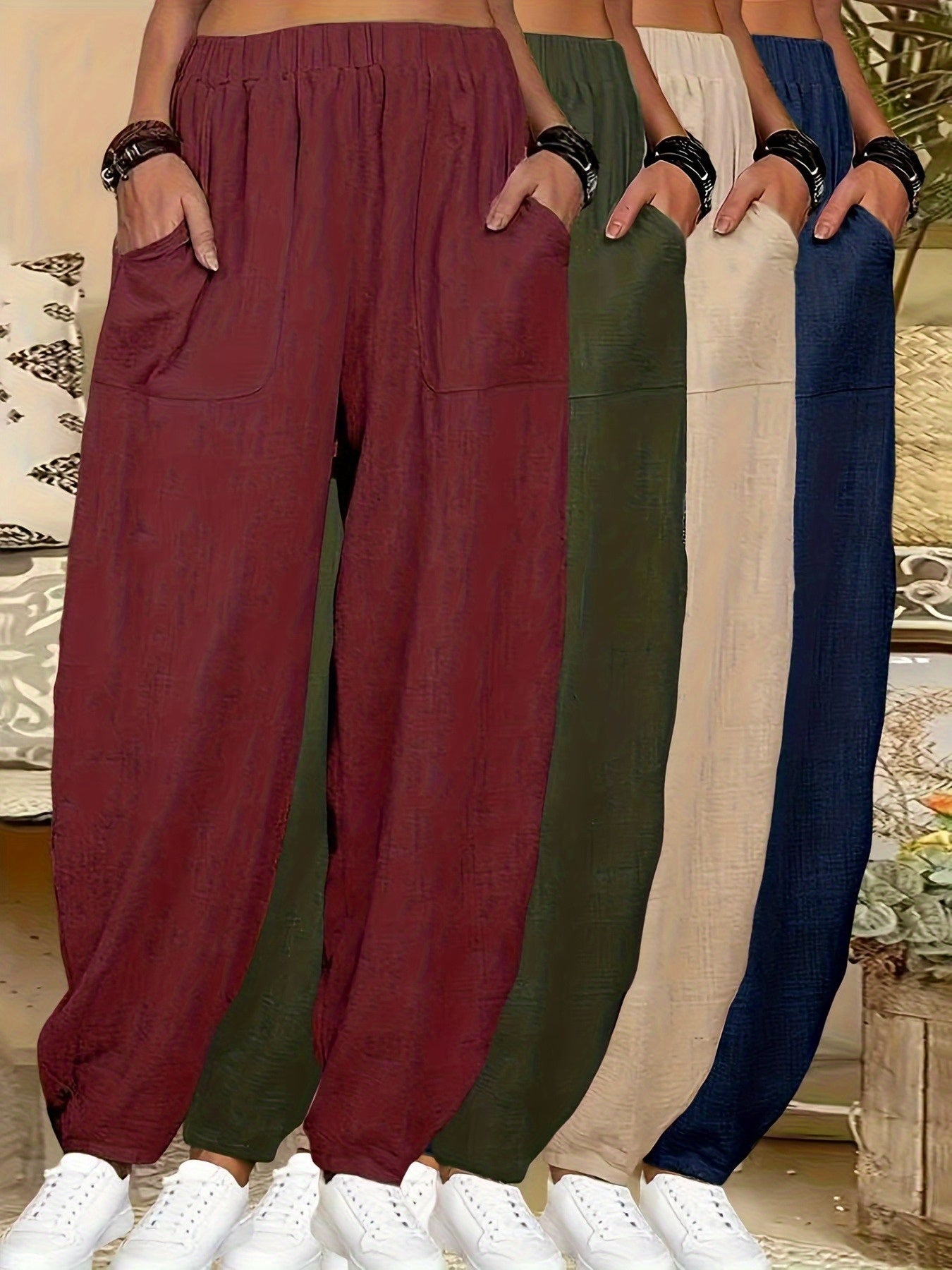 4pcs Women'S Casual Lightweight Harem Pants with Elastic Waist And Side Pockets - Breathable, Loose Fit, All-Season Wear, Black/Green/Brick Red/Khaki Solid Color, Machine Washable