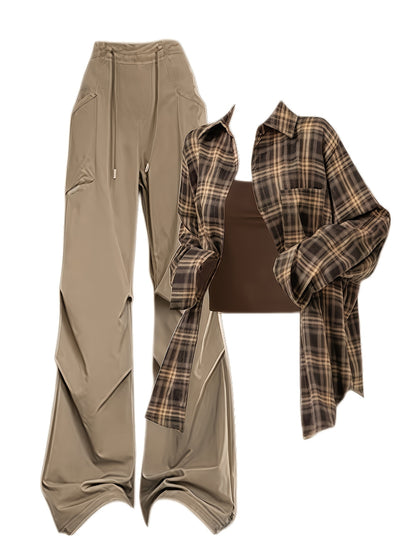 3pcss Women'S Y2K Harajuku Streetwear 3pcs Suit - Plaid Oversized Loose Fit Matching Set with High-Waist Wide-Leg Cargo Pants, Drawstring And Matching Vest - All-Season Casual Outfits, Fashion Clothing
