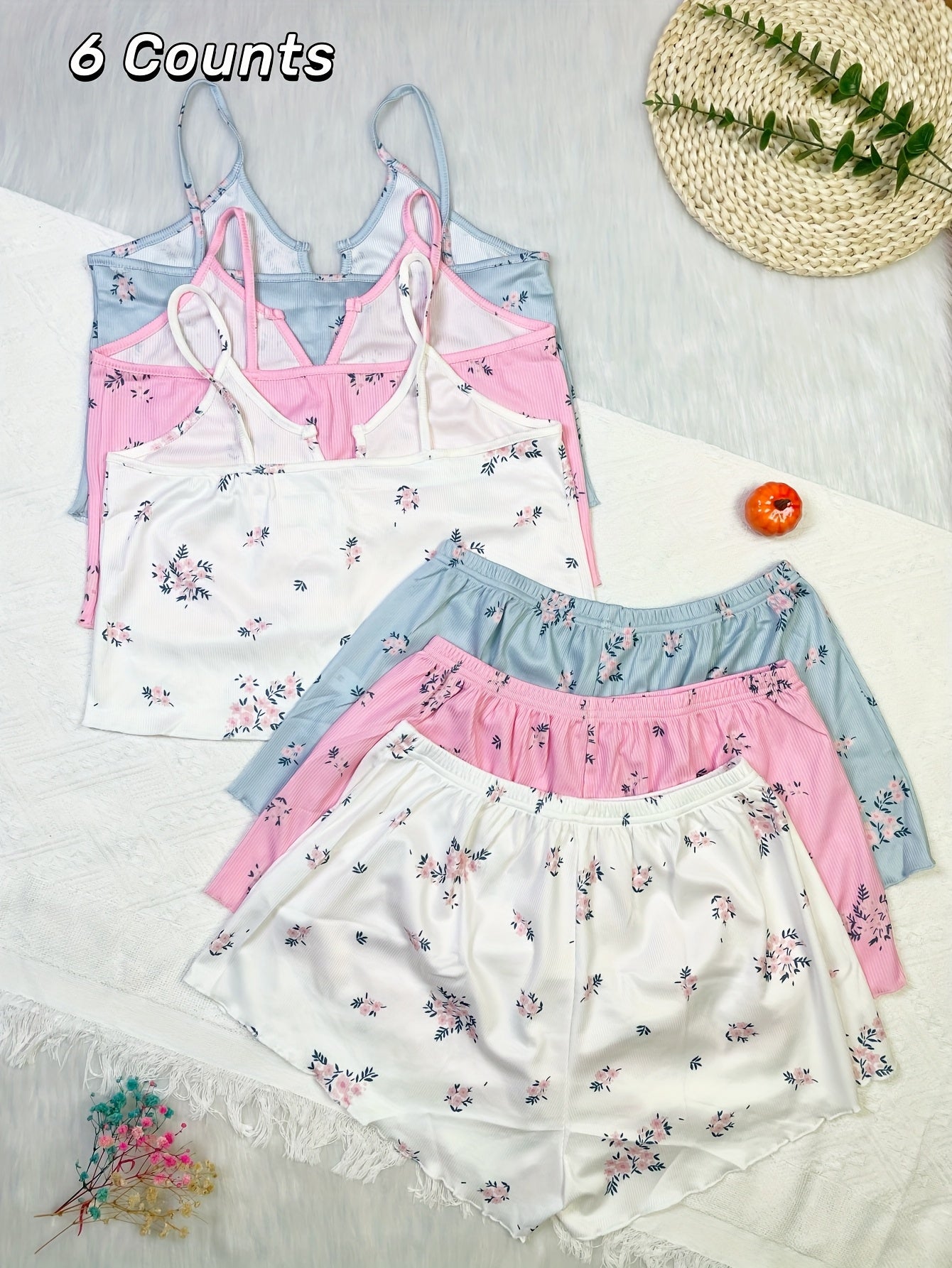 6pcs Floral Print Women's Pajama Set: 3 V-Neck Backless Crop Camisoles And 3 Bow-Accented Shorts, Soft, Comfortable & Breathable, Cool Summer Loungewear for Women's Daily Casual At-Home Wear