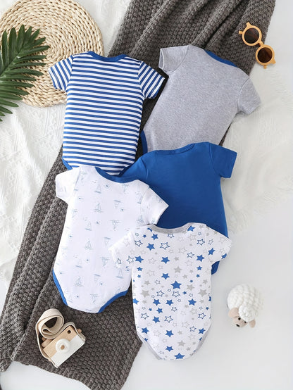 5pcs Set of Baby Boys' Short Sleeved Cartoon Triangle Jumpsuit, Ha Yi, Baby Boys' Ocean Boat Anchor Casual Crawling Suit, for Outdoor