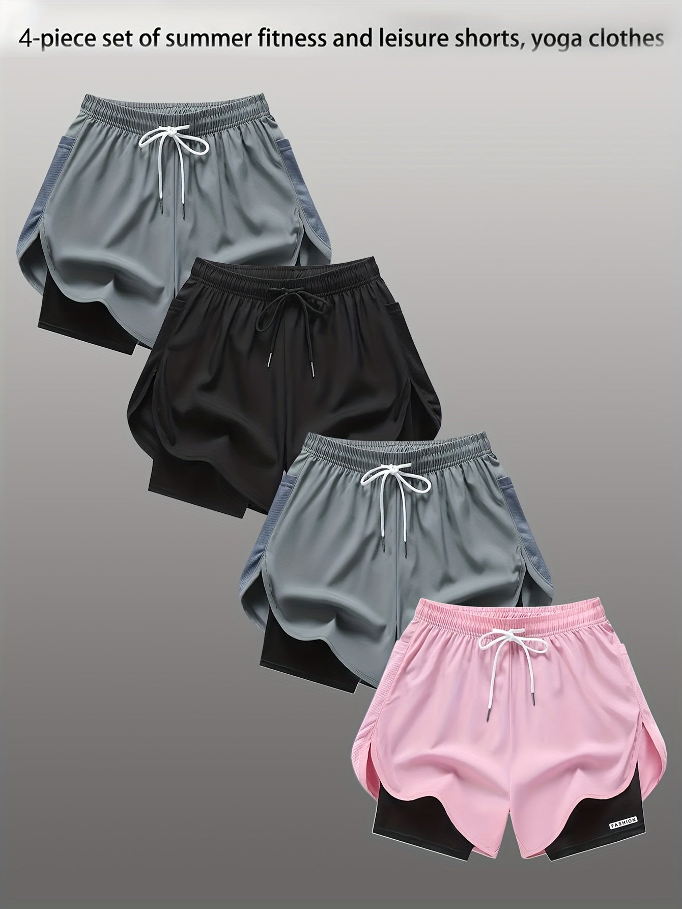 4pcs Summer Women's Casual Sports Shorts, Featuring A Two-piece Layering Design with Letters Suitable for Running And Casual Fitness, Come In Black, Gray, Green And
