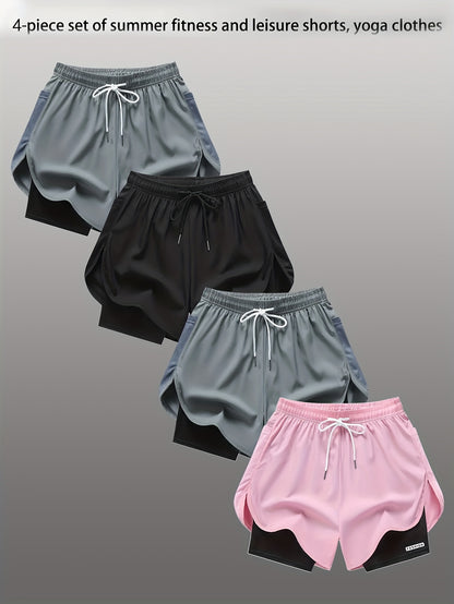 4pcs Summer Women's Casual Sports Shorts, Featuring A Two-piece Layering Design with Letters Suitable for Running And Casual Fitness, Come In Black, Gray, Green And