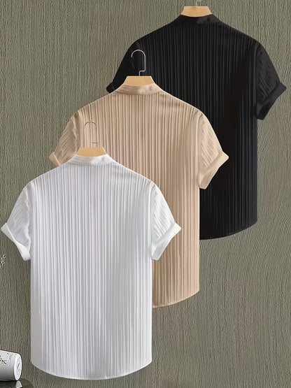 3-Pc Men'S Striped Shirts | Casual Comfortable, Regular Fit, Button Stand Collar, Ideal for Daily Wear And Beach Vacations