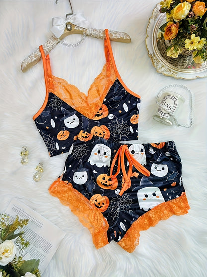 Contrast Color Lace Stitching Plaid Love Print V-neck Bilateral Side Open Backless Skin-friendly Soft Home Casual Pajamas Set