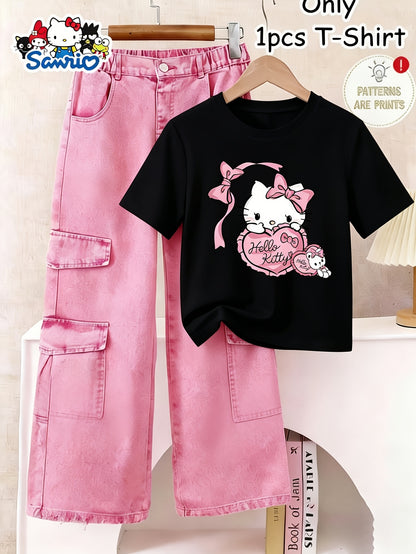 Girls' Fashion Short Sleeve Top, Spring Summer Casual, Printed White T-Shirt with Pink Bow Heart Pattern, Comfortable And Breathable, 1pc, Suitable for Girls 12 And Under, Casual Versatile