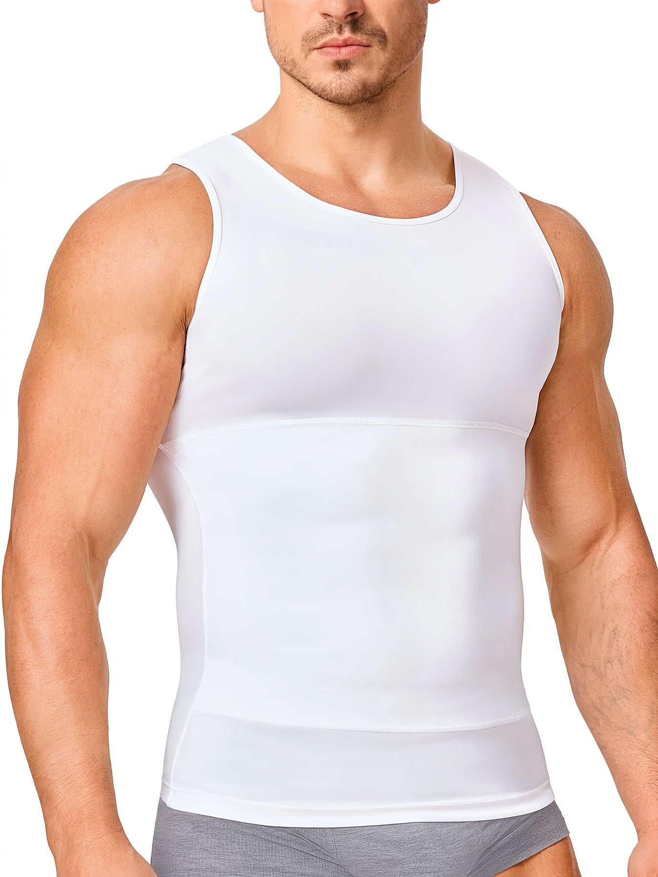 Men' Compression Shirt & Body Shaper Vest - High-Elastic Workout Tank Top with Abdominal Toning, Tight-Fit Shirt Suitable for Gym, Post-Surgery, Year-Round Wear, Solid Color Round Neck Undershirt