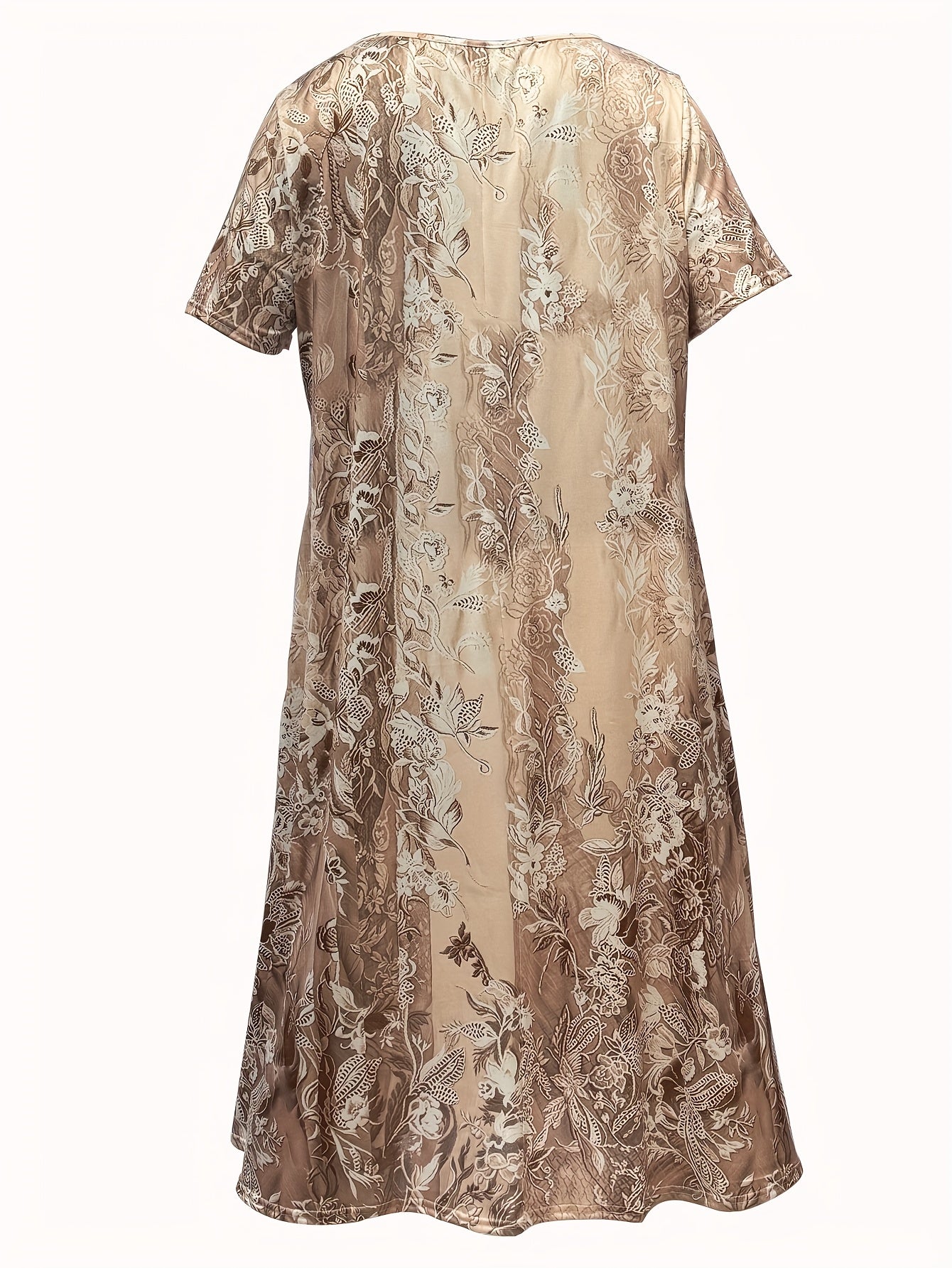 Plus Size Flower Print Midi Dress with Lace Neck and Short Sleeve