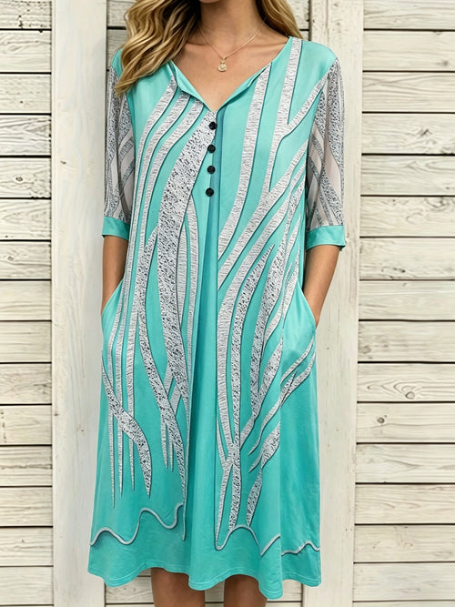 Plus Size, Women's Plus-size Bohemian Style Elegant Short-sleeved V-neck Button- Dress, Mid-length H-line Silhouette, Machine Washable, Suitable for Casual Outings In Spring, Summer And Autumn, Casual And Stylish Dress (2D Flat Printing)., 2D Flat
