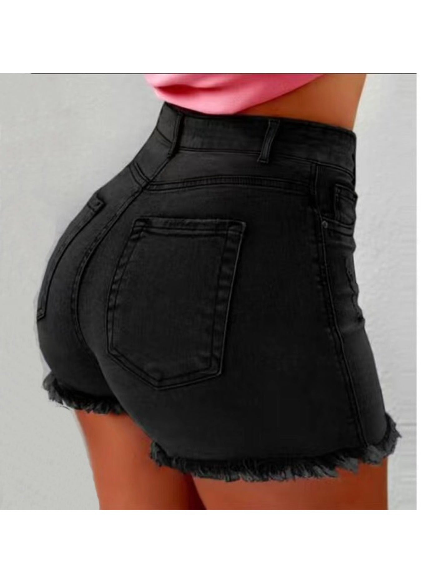 Stylish Women's High-Waist Denim Shorts with Frayed Hem & Fringe Detail, Soft Viscose Fabric, Slimming Fit, Essential Spring & Summer Hot Pants, Casual Five-Pocket Design, Jean Shorts