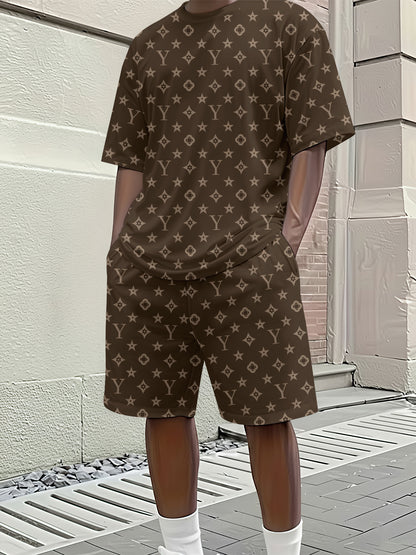 Men'S 3D Digital Print Casual Short Sleeve Shorts Set, Luxury Style Full Monogram Print, Classic Y-Shaped Jacquard Design 2pcs Outfit, Effortlessly Achieves an Upscale Look And Showcases a Unique Luxury Taste