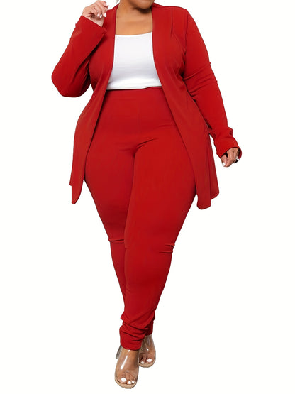 Plus Size - Plus Size - Plus Size Women'S Suit Jacket, Long Pants Two-Piece Set, Fashionable Casual Suit Set