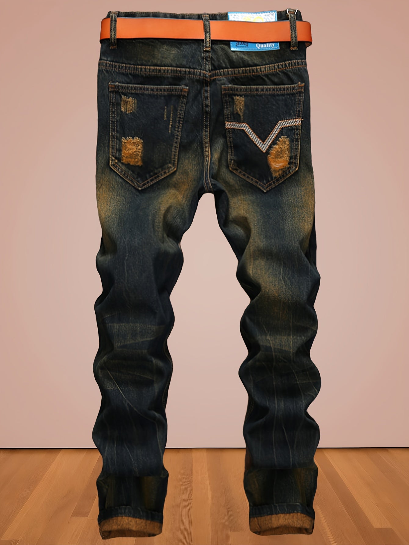 Men's Vintage Washed Straight-Leg Jeans - Mid-Rise Beltless Pants with Internal Zipper Closure, Machine Washable Suitable for Casual Casual Attire, - American High Street Style