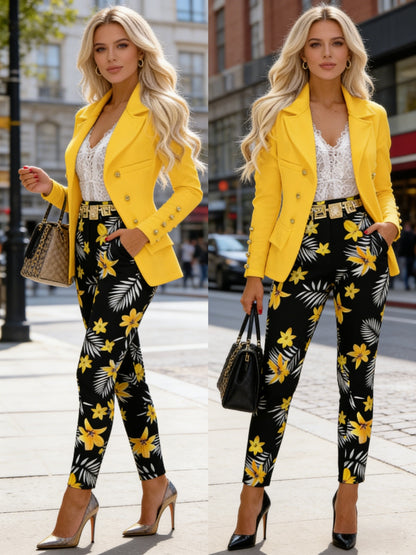 Women'S Fashion Suit Two-Piece Set: Bright Yellow Double-Breasted Blazer with Black Floral Print Pants - Stylish Work Outdoor Commute Apparel And Elegant Office Attire