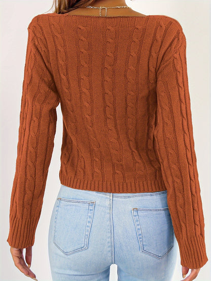 Sexy Solid Pullover Sweater, Long Sleeve V Neck Casual Crop Top for Spring & Fall, Women'S Clothing