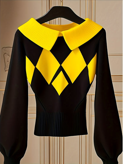 Women'S Elegant Sweater Lapel Diamond Plaid Knitwear Black And White Color Collision Long Sleeve Pullover Fashion Chic Lazy Wind Tops For Office, Party, Daily Wear - Fall And Winter Women'S Trend Tops