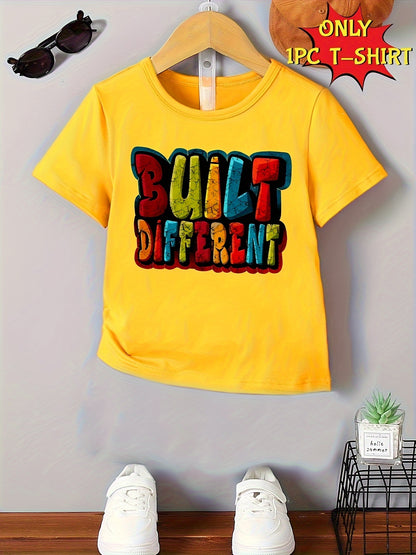 Boys' Casual Comfortable Summer Short Sleeve Crew Neck T-Shirt- BUILT DIFFERENT Creative Print Fashion Summer Gift