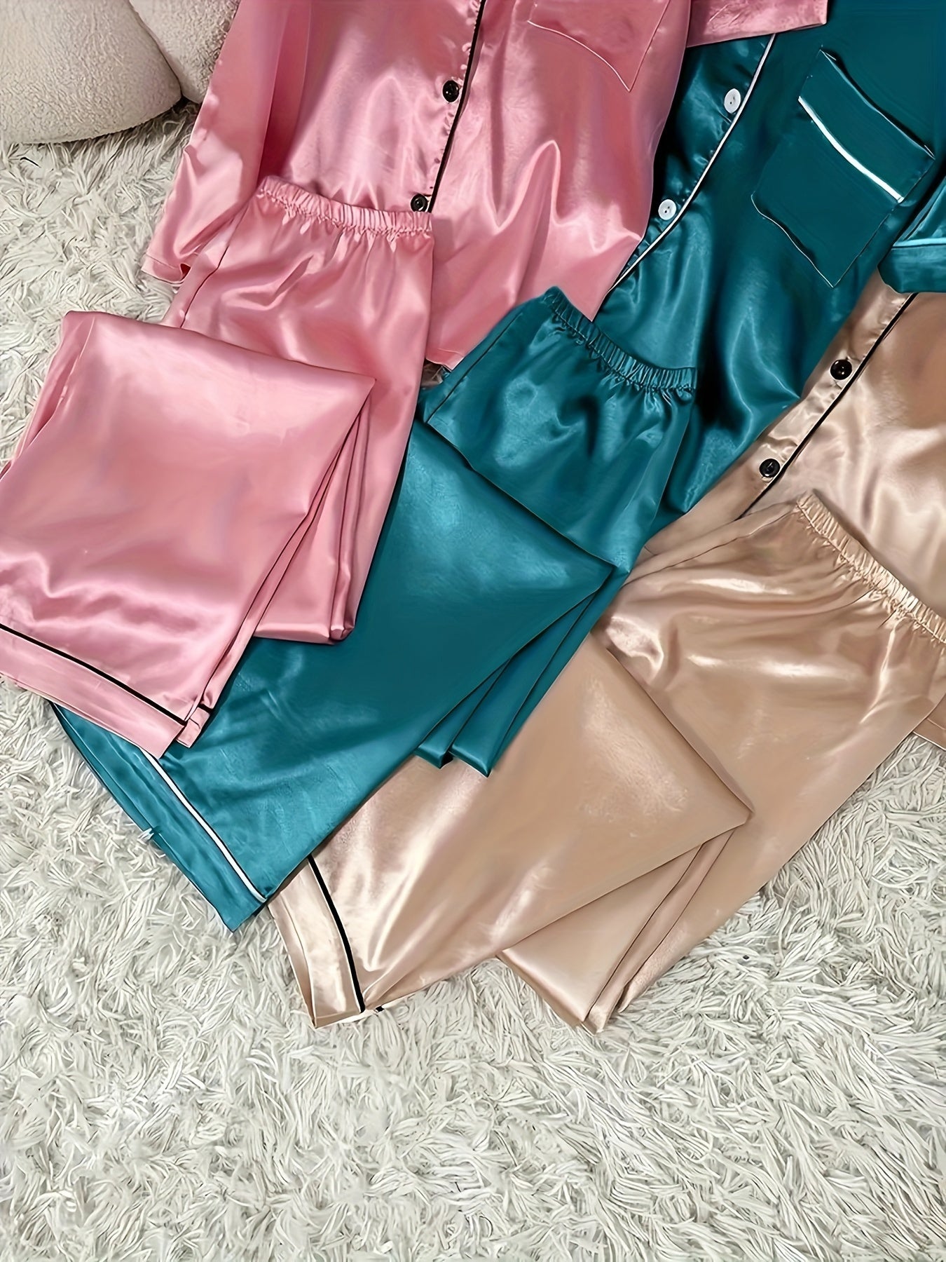 3pcs Women'S Satin Pajama Set - Casual Solid Color Long Sleeve Shirt & Elastic Waist Pants, Lapel Collar, Button Detail, Fall/Winter Sleepwear